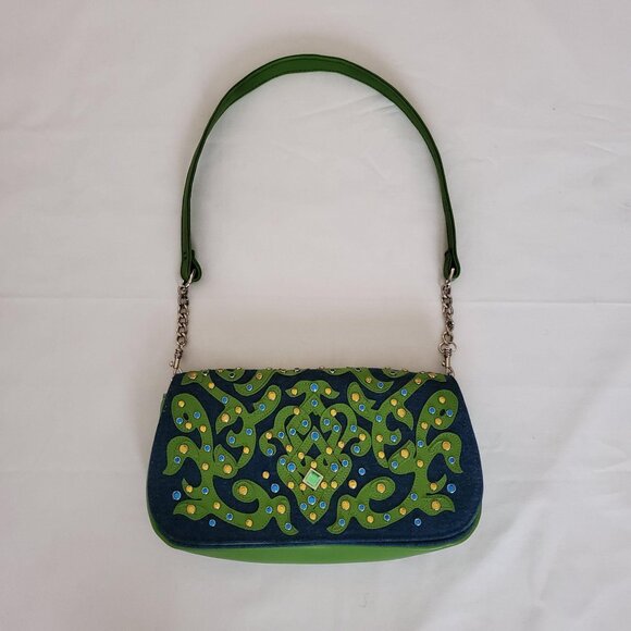 Bueno Gemstone Embellished Blue Green Denim Fabric Purse Tote Shoulder Bag - Picture 6 of 13